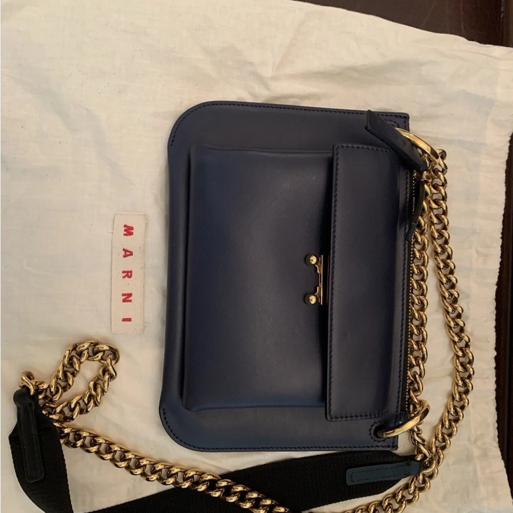Marni Dark Blue Crossbody Bag with Gold Chain